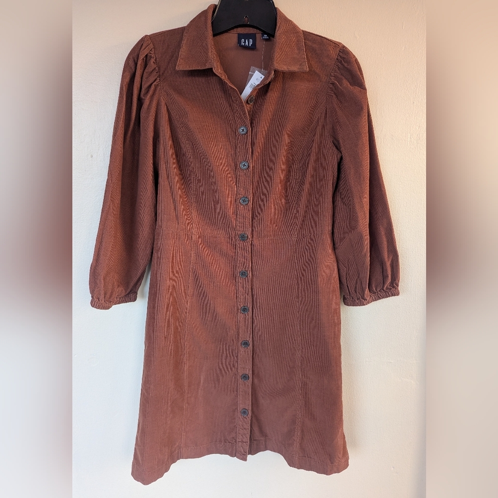 NWT! GAP Puff Sleeve Corduroy Mini Dress, Saddle Brown (SIZE XS)